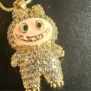 Gold-tone Rhinestone Labubu Pendant Necklace - Pink Face
